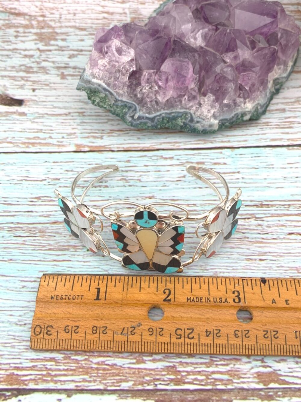 Butterfly Stone Inlay Zuni Native American Cuff Bracelet 925 A. Dishta J1423 - Picture 8 of 11